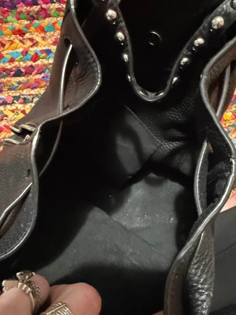 REBECCA MINKOFF Black Leather STUDDED Drawstring Bucket Bag